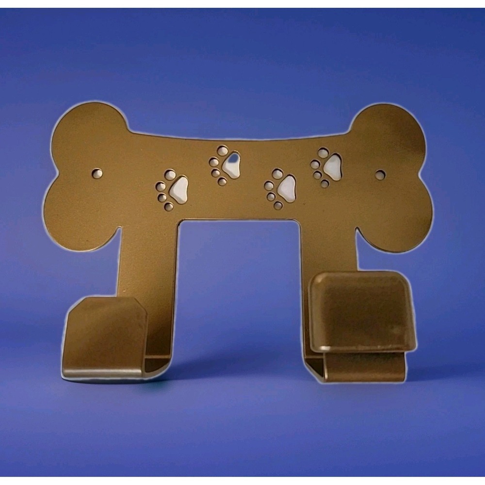 Dog Lovers Leash Rack Bone Shape with Puppy Paws Gold‎ Metal 2 Hooks 7"W x 5"L
